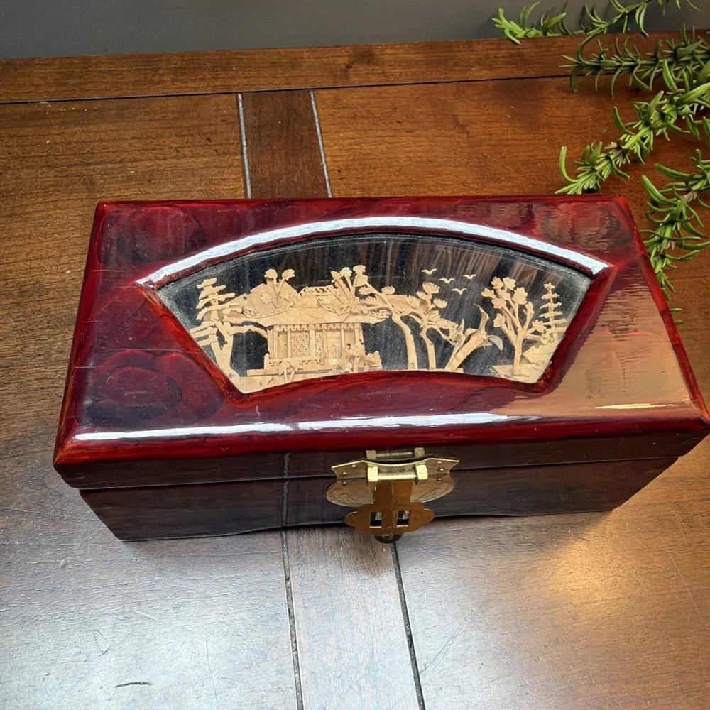 Jewelry Box Oriental Laquered Sculptured Cork Art Glass Top Brass 1960's
